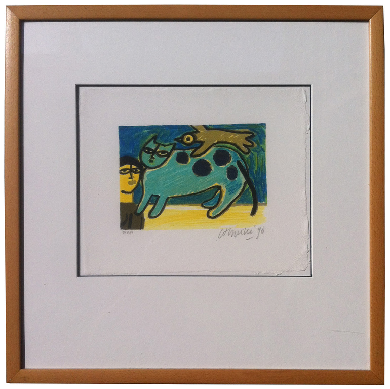 Corneille: Kleurenlitho, zonder titel (blauwe kat met vogel en vrouw) kopen? Bied vanaf 225!