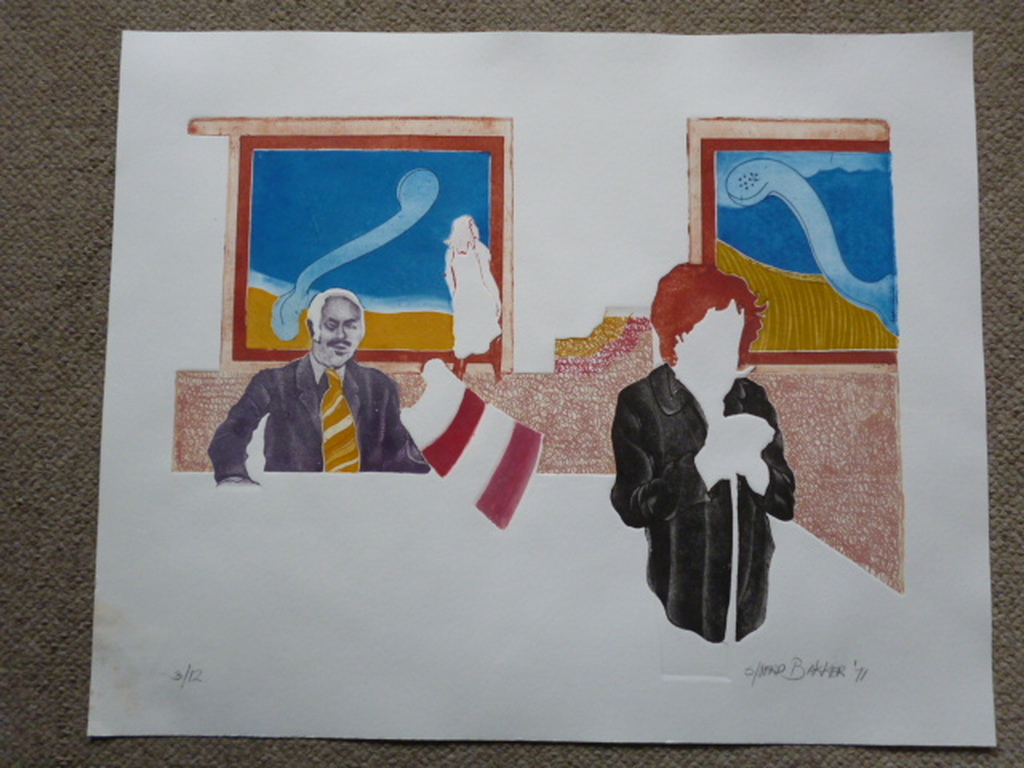 Sjoerd Bakker - kleurenets - Drie personen in ruimte met twee schilderijen kopen? Bied vanaf 25!