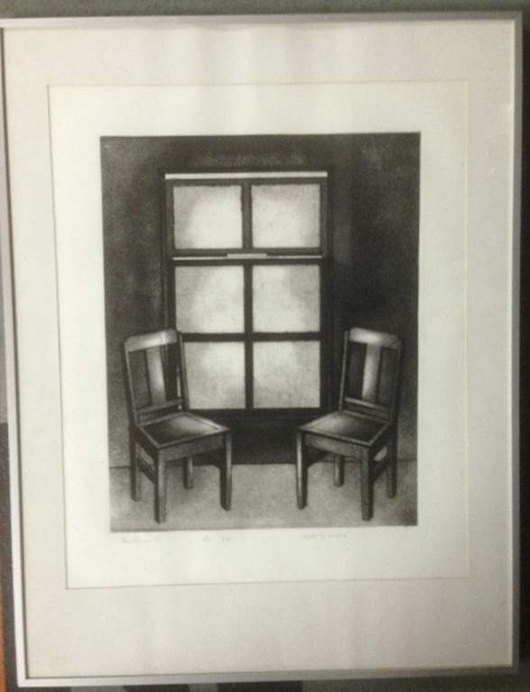 2 HANS HEIJMAN etsen 60 x 50 cm - stoel aan venster + stoelen bij venster. verkocht voor € 45!