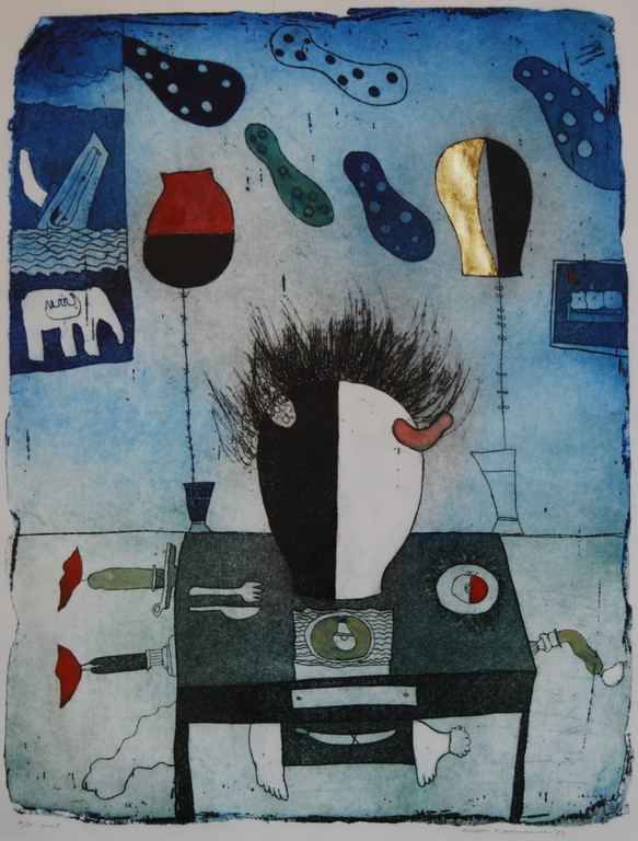 Michel van Overbeeke Head ets 10/30 ingeschilderd en met bladgoud ingelegd 1997 verkocht voor € 125!