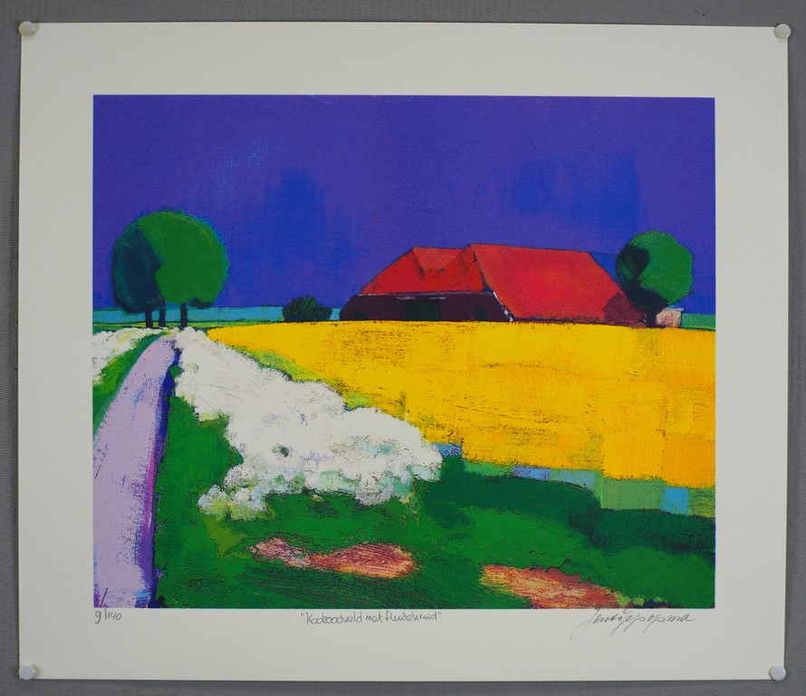 Jentsje Popma: Zeefdruk, Koolzaadveld met fluitekruid verkocht voor € 70!