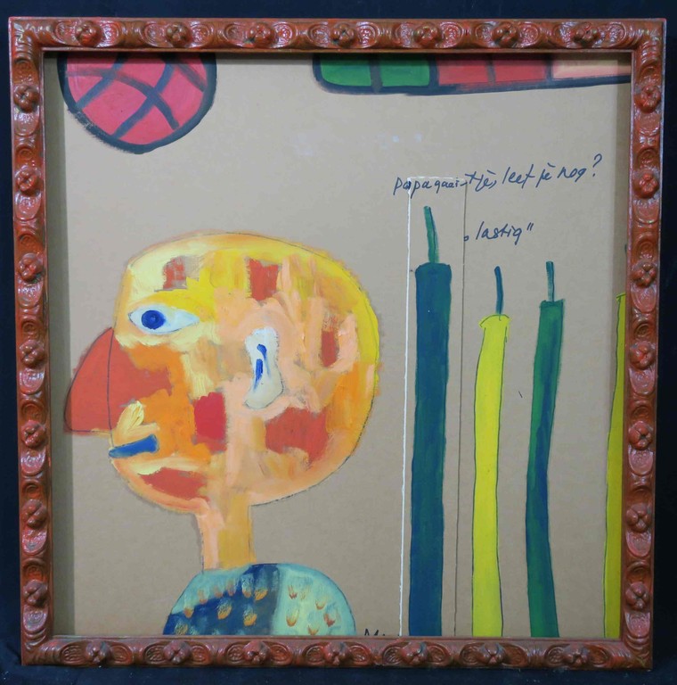 Meertje Kaal: Acryl op board, Papagaai, He leef je nog? - Ingelijst kopen? Bied vanaf 1!