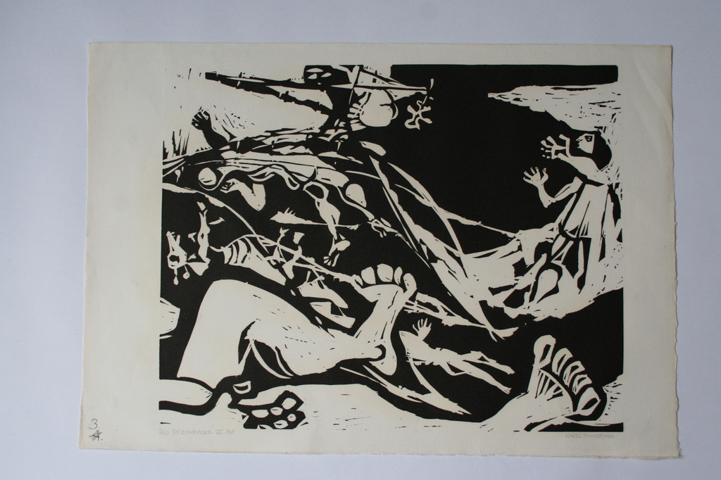 Karel Timmerman - linodruk - De zondvloed III - 1968 - gesigneerd kopen? Bied vanaf 20!