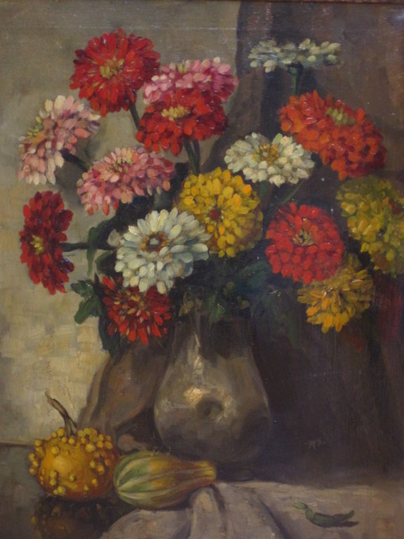 imposant olieverf 1920 stilleven "Asters in tinnen kan" Louis van der Steen 1891 verkocht voor € 52!