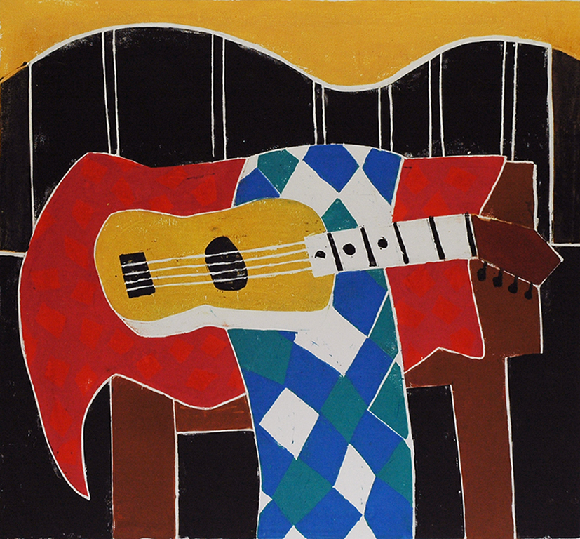 Betty Scheer: Compositie met gitaar - linoleumsnede, 1994 verkocht voor € 45!