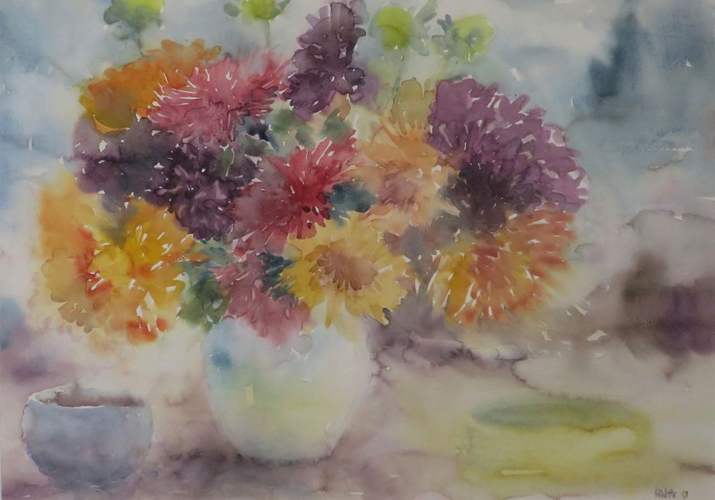 Anneke Witte: Aquarel, Dahlia's - Ingelijst kopen? Bied vanaf 20!