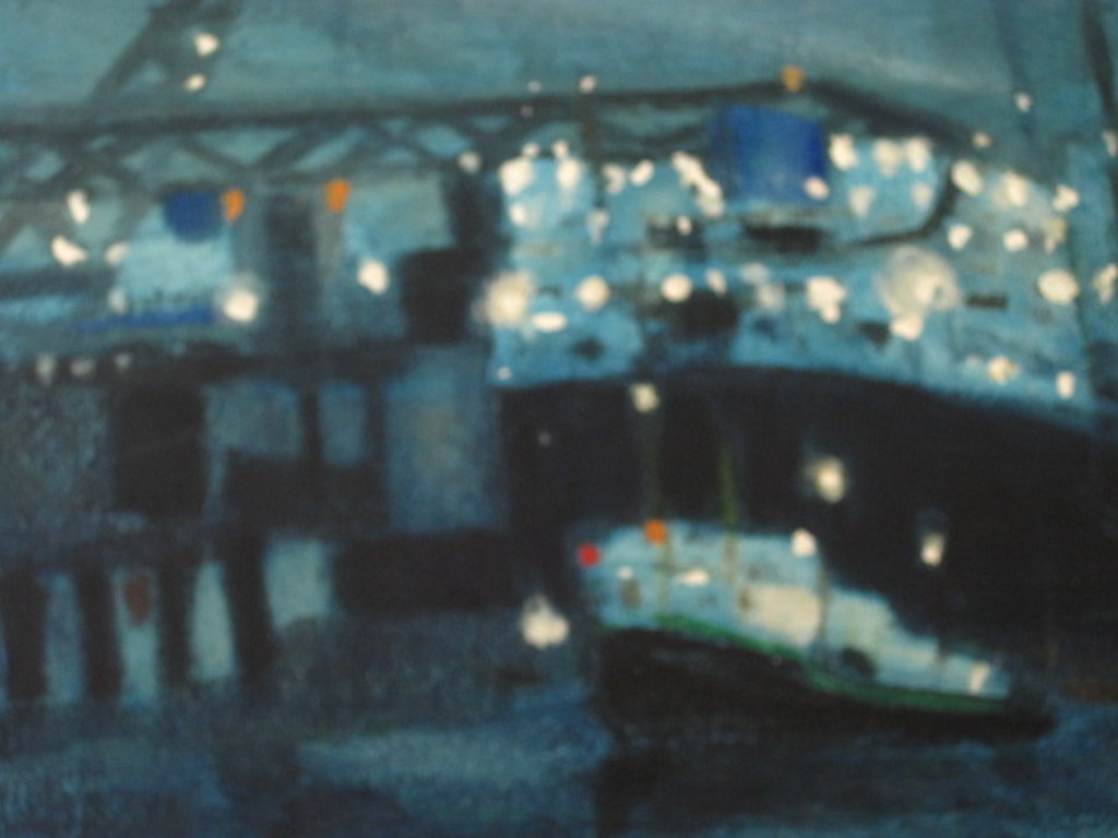 GROOT acrylverf op board schilderij "Haven van Rotterdam bij nacht" gesigneerd  kopen? Bied vanaf 1!