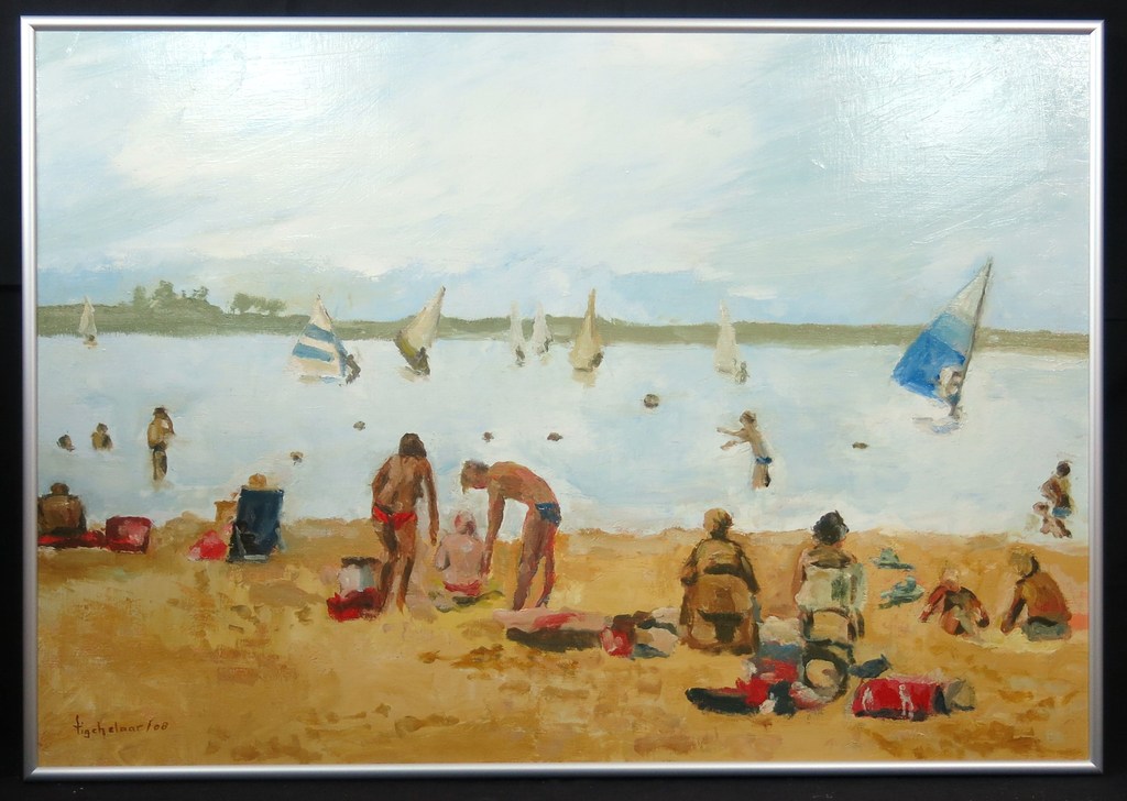 Andre Tigchelaar: Olieverf op Doek, Recreatie aan de plas (1) - Ingelijst (Groot kopen? Bied vanaf 350!