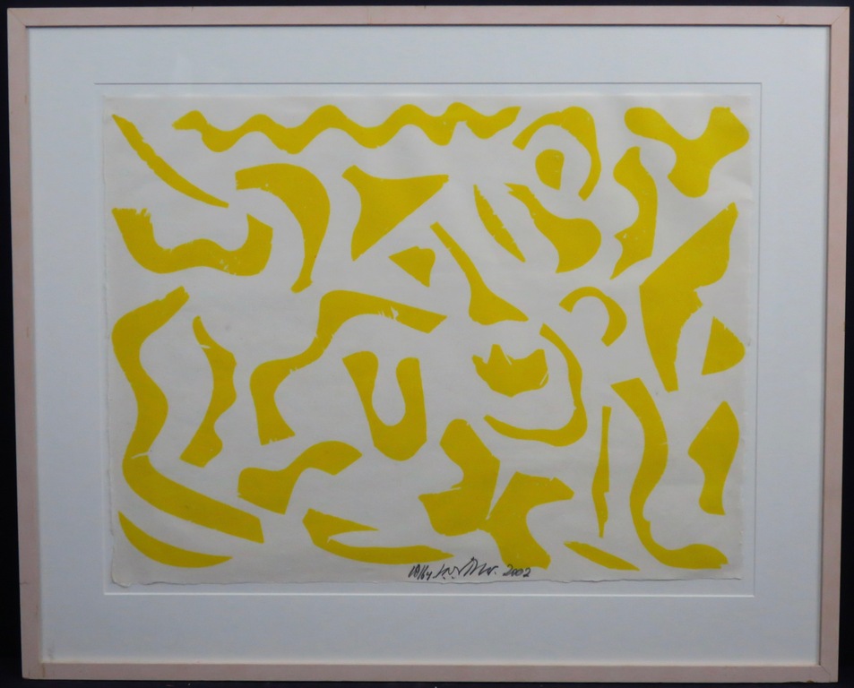  Carel Visser: Houtsnede, Zonder titel (geel) -Ingelijst verkocht voor € 115!