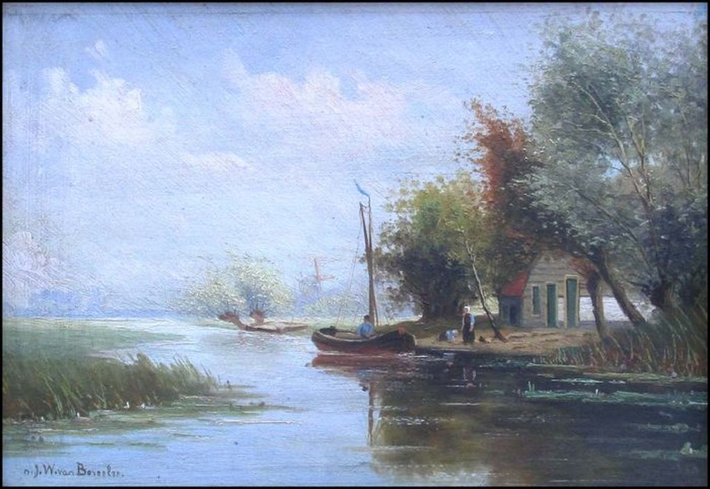 Naar J.W. van Borselen (1825-1892): Olieverf op paneel, Rivierlandschap  verkocht voor € 35!