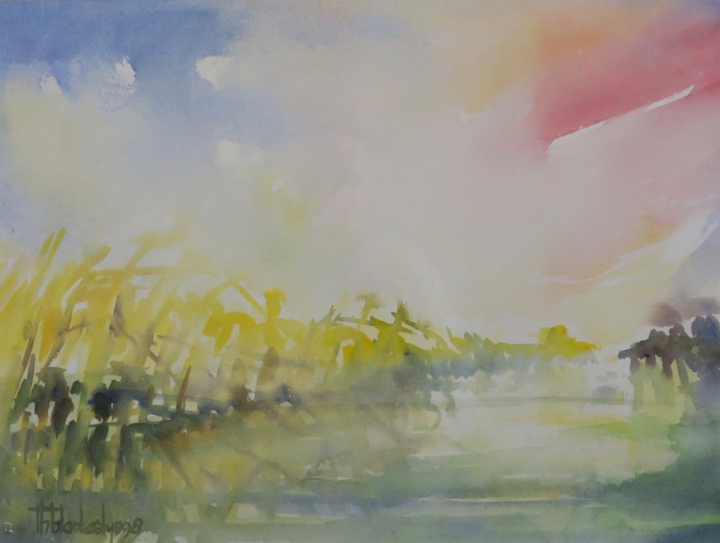 Theo Blankestijn: Aquarel, Herfst Rietkanten - Ingelijst kopen? Bied vanaf 35!