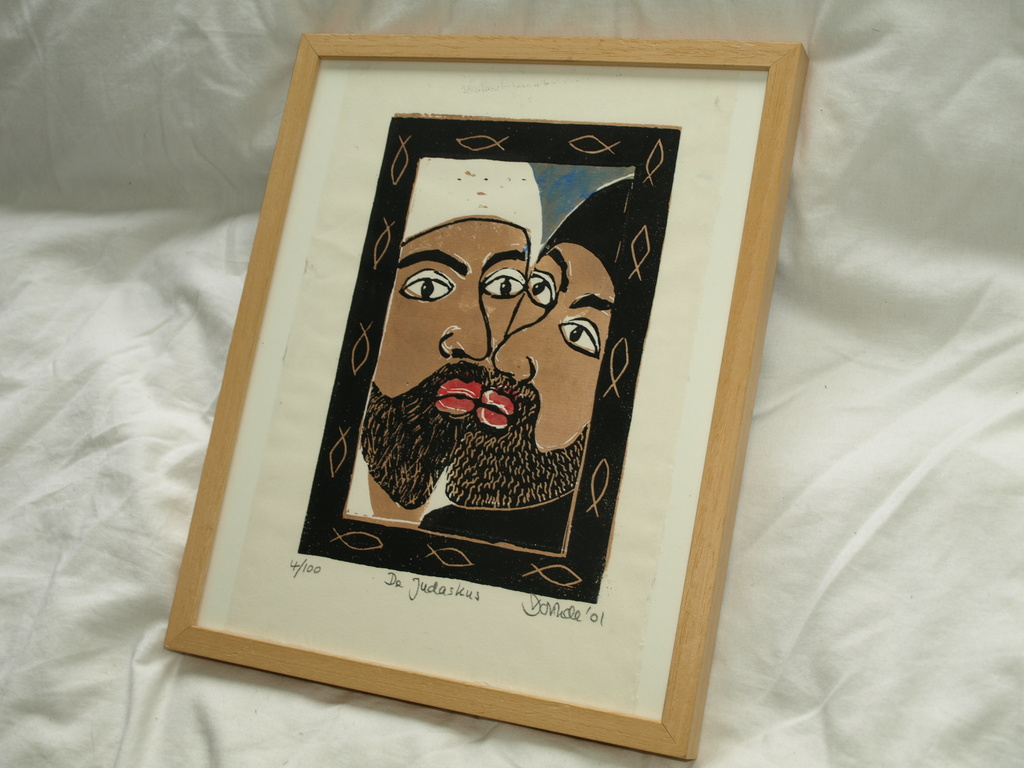 Dorinde (?): Hout- of linosnede – De Judaskus – Gesigneerd & ingelijst – 2001 kopen? Bied vanaf 1!