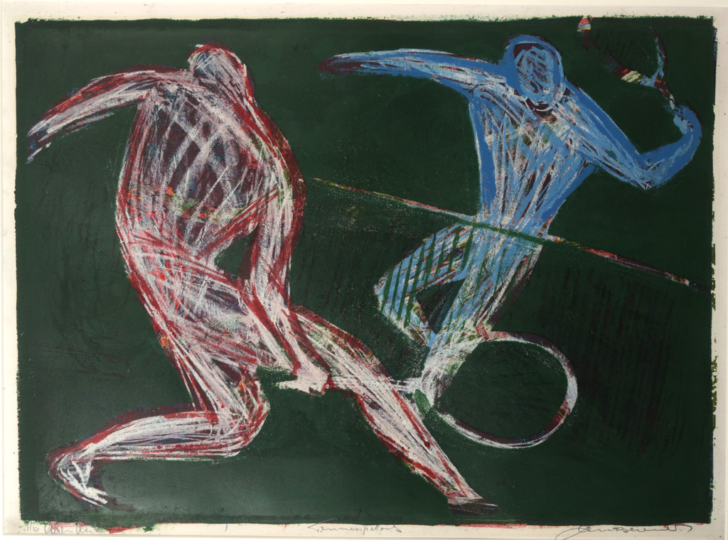 Jan Bezemer: Kleurenlitho, Tennisspelers - Ingelijst kopen? Bied vanaf 35!