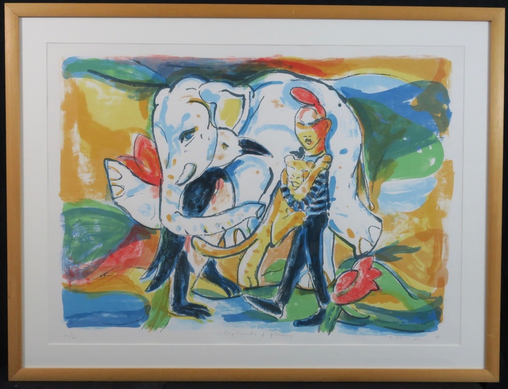 Anton Vrede: Litho, Elephants and flowers - Ingelijst (Groot) verkocht voor € 70!