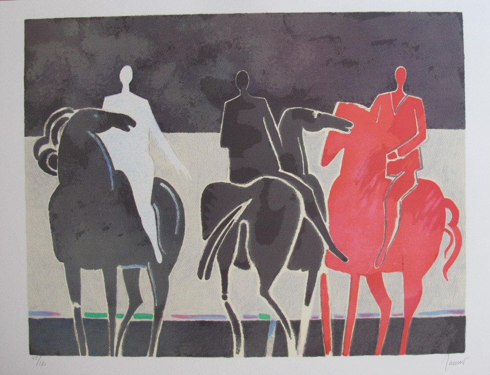 Albert Zavaro -'Les trois cavalier' - kleurenlitho, gesigneerd, oplage 180  verkocht voor € 49!