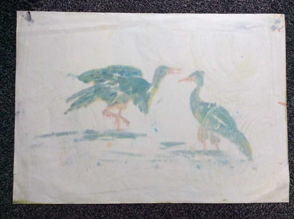 Onbekende kunstenaar - Twee kraanvogels - aquarel, gesigneerd kopen? Bied vanaf 1!