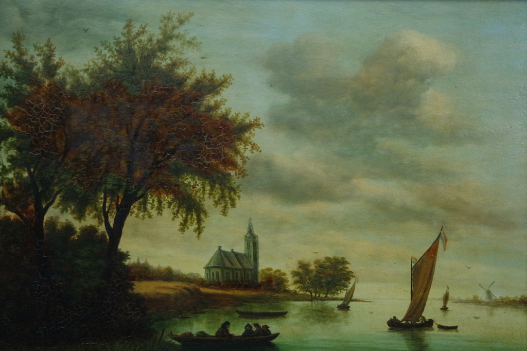 Hollandse school (20e eeuw) - olieverf op paneel - waterrijk landschap met boten verkocht voor € 75!