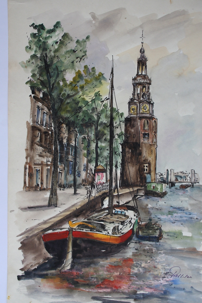Aquarel - Munttoren Amsterdam - gesigneerd kopen? Bied vanaf 1!