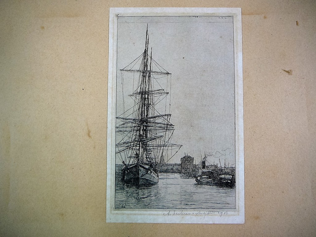  Derkzen van Angeren 1878-1961 Ets van haven met zeilboot  verkocht voor € 40!