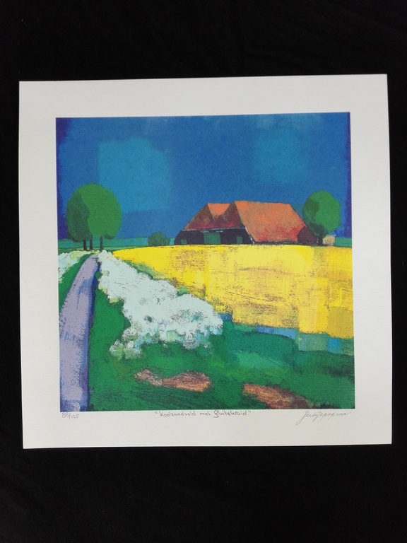 Jentsje Popma, zeefdruk op papier, Titel: Koolzaadveld met fluitekruid verkocht voor € 75!