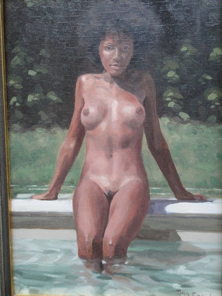 Jan Engel, olieverf op paneel, naakte vrouw in het zwembad verstild realisme verkocht voor € 150!
