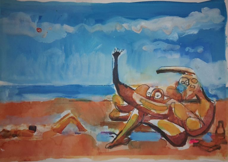 Peter Klashorst - Beach, sunbathers Zandvoort - gem. techn. op papier kopen? Bied vanaf 65!