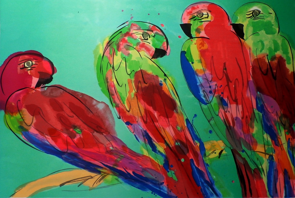 Walasse Ting - grote zeefdruk: Parrots - 1990 verkocht voor € 850!