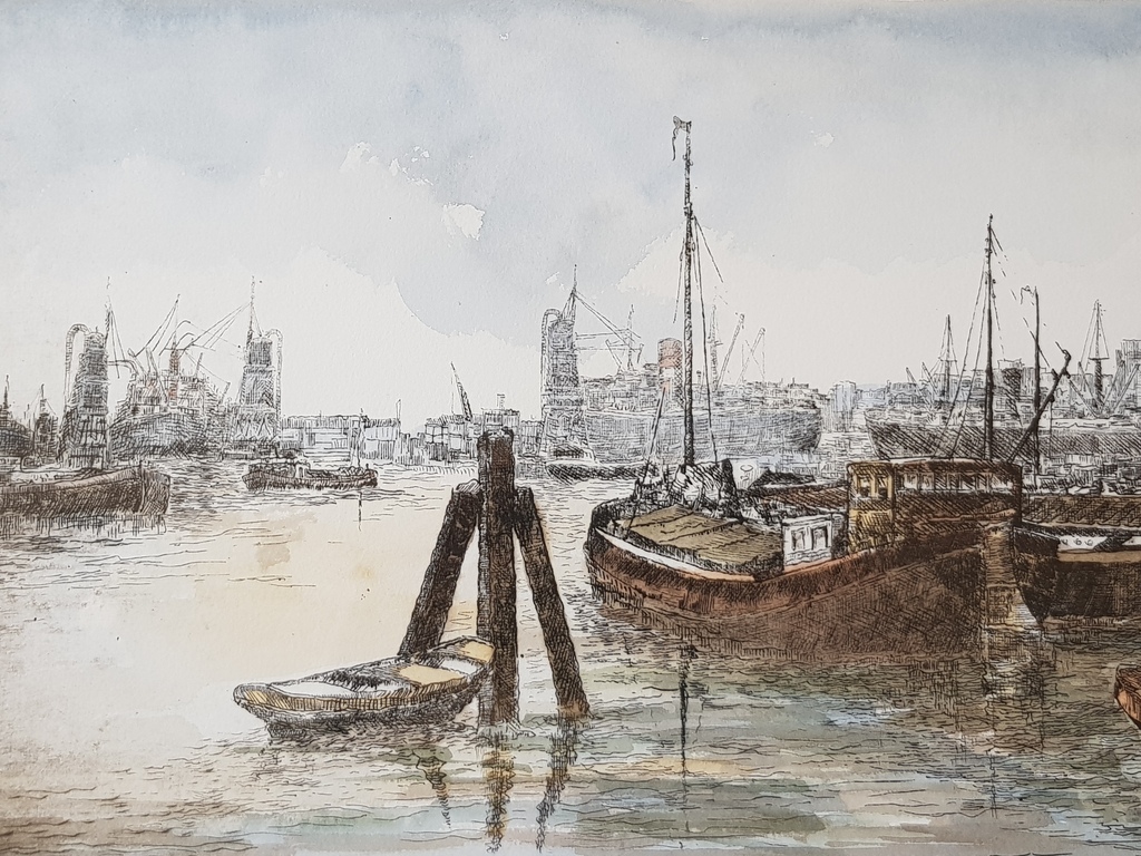 Maashaven Rotterdam - Kleurenets - Gesigneerd  verkocht voor € 35!