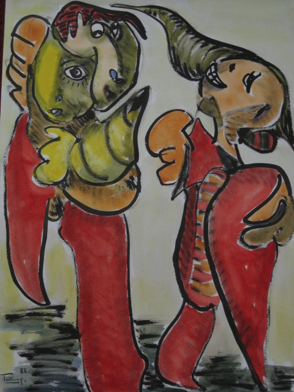 Mooie Quintus Jan Telting 1931-2003 grote gesigneerde Gouache "Life Dancers"  verkocht voor € 61!