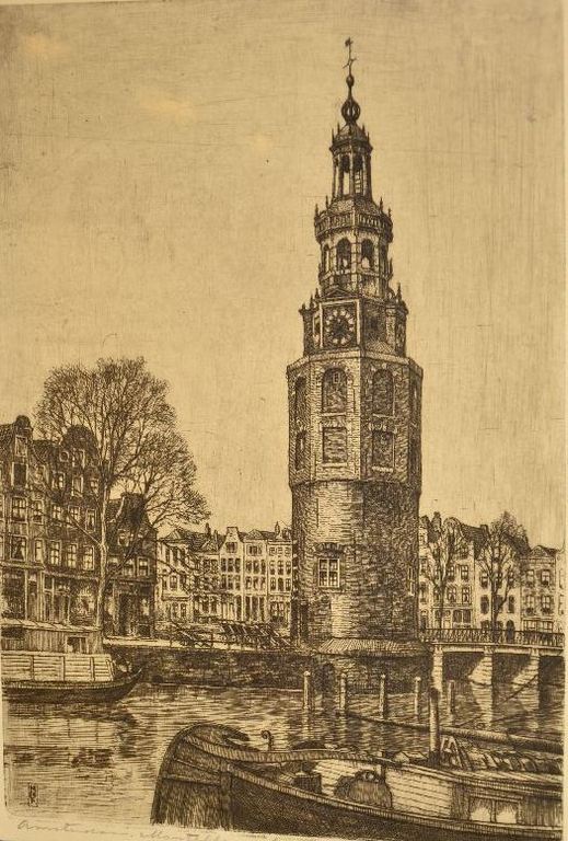 Marius Jansen: Ets Montelbaanstoren, Amsterdam. Ingelijst kopen? Bied vanaf 1!