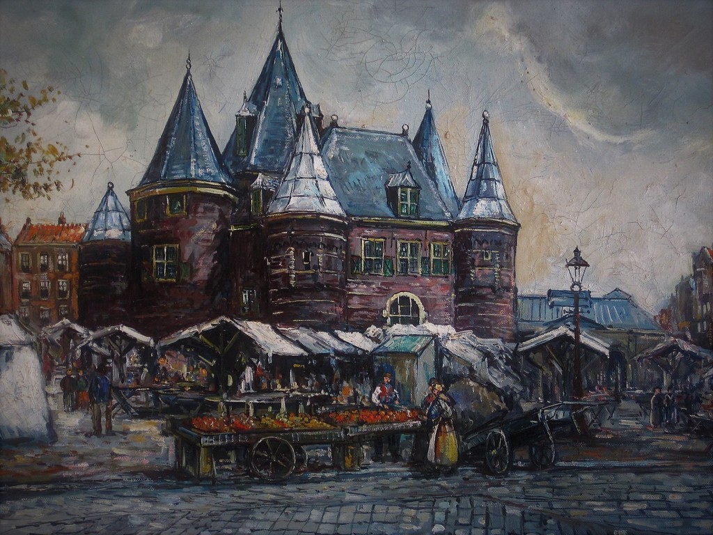 Olieverf ca. 1920 "Amsterdam de Nieuwmarkt met vismarkt" gesigneerd Piet v Beek  kopen? Bied vanaf 1!