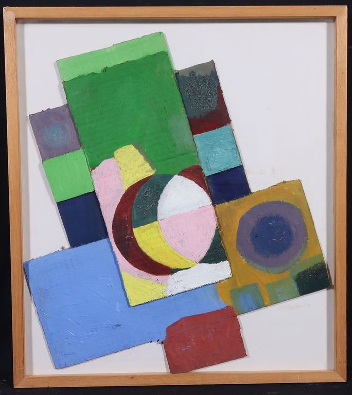 Meertje Kaal: Olieverf en collage op karton, Zonder titel - Ingelijst verkocht voor € 52!
