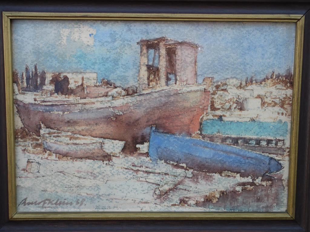 Roelof Klein, Bootwerf in Mediterraan landschap, Aquarel verkocht voor € 35!