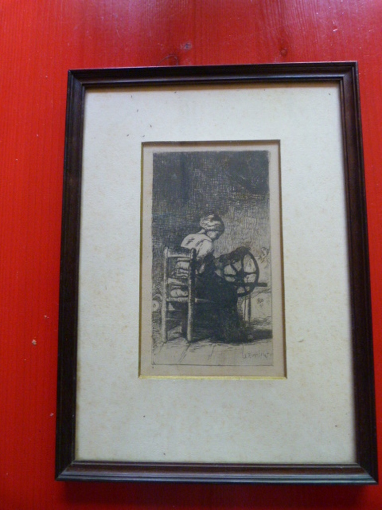 J.F. Millet  -  ets  -  vrouw aan het spinnewiel. verkocht voor € 66!