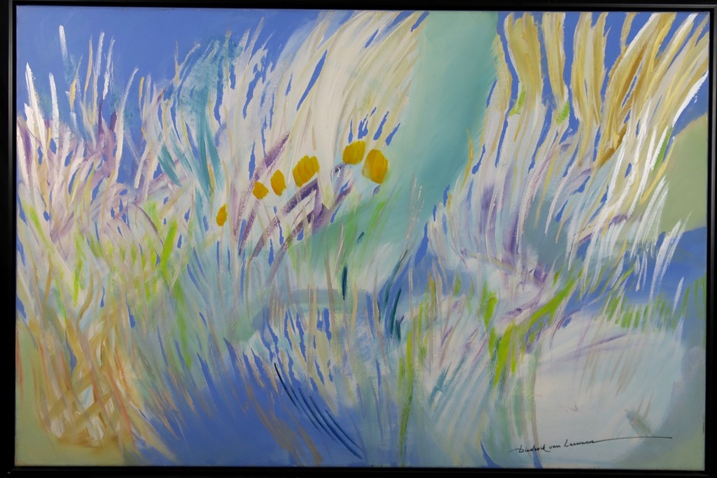 Diederik van Leeuwen: Acryl op doek, Yellow flowers - Ingelijst (Zeer groot) verkocht voor € 150!