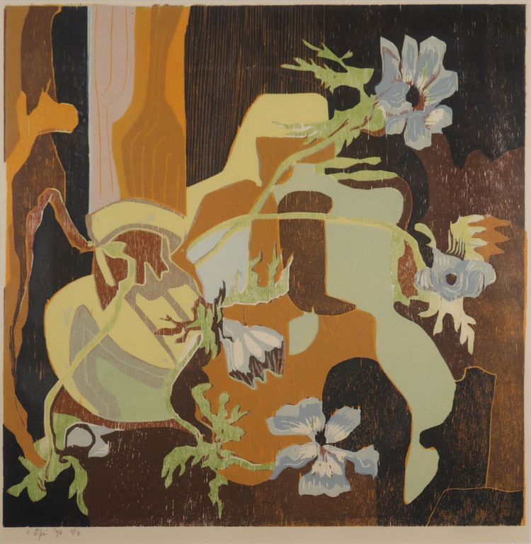 Vincent van Ojen: Houtsnede op Rijstpapier, Anemonen - Ingelijst kopen? Bied vanaf 35!