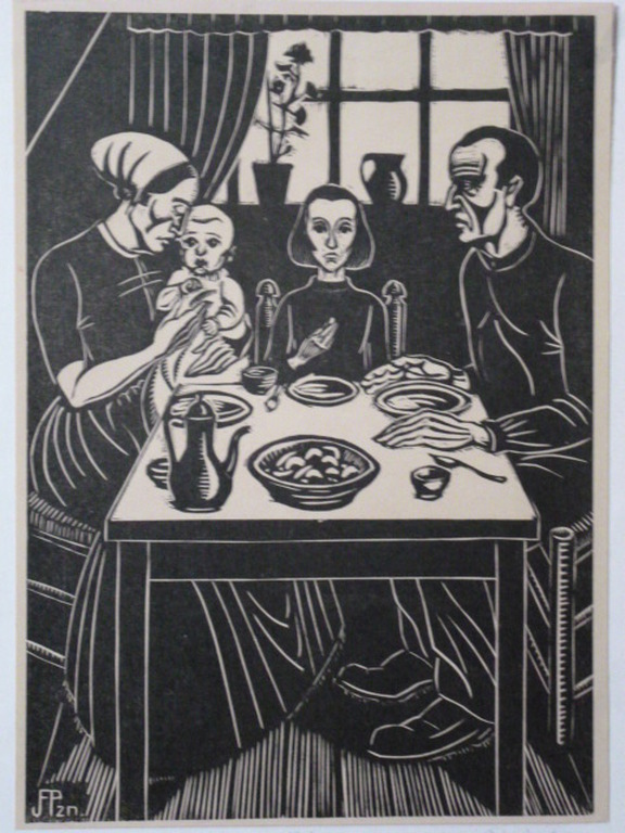 Jan Franken Pzn - houtsnede - Het gezin kopen? Bied vanaf 30!