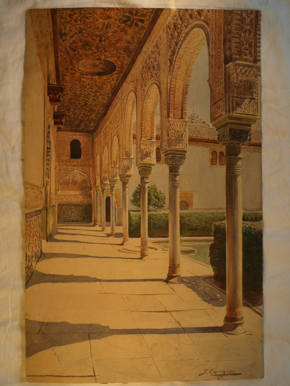 T. Carrigues – Aquarel - Zuilengalerij – Gesigneerd – Oud & klassiek kopen? Bied vanaf 1!