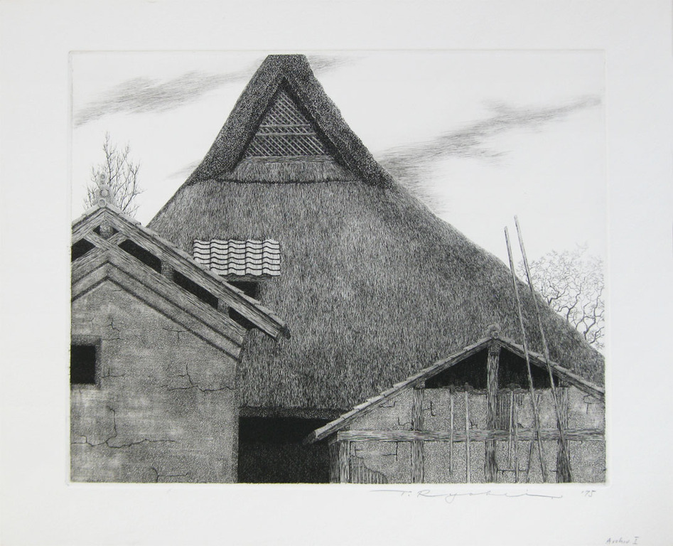 Tanaka Ryohei - " Thatches roof " - ets - 1975 - Handgesigneerd verkocht voor € 175!