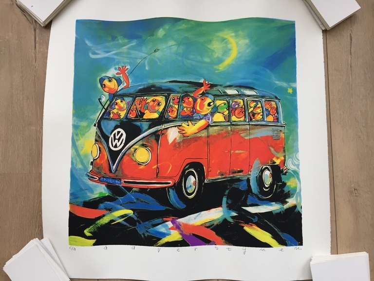 Ad Verstijnen: VW Busje. Zeefdruk op handgeschept papier / E.A. 80x80 cm  verkocht voor € 70!