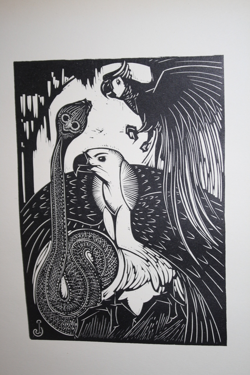 JAN SCHONK - ART DECO HOUTSNEDE 1926 -  VOGELS EN SLANG kopen? Bied vanaf 35!