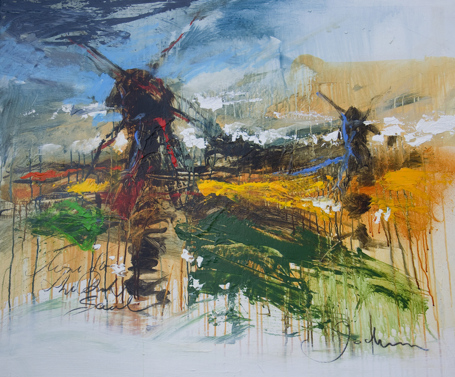 Hans Jochum Bakker - Olieverf op doek - Hollands landschap met molens kopen? Bied vanaf 300!