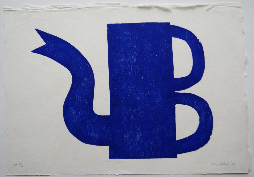 Klaas Gubbels houtdruk 'Blauwe kan met dubbel oor' - 1997.  kopen? Bied vanaf 375!