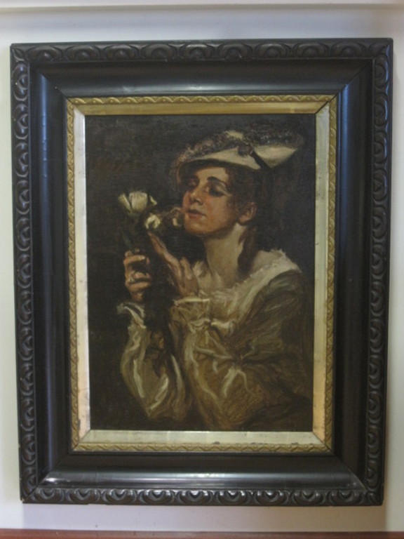 Fenomenaal 19e eeuws olieverf "Dame en Lelie" ongesigneerd en in originele lijst kopen? Bied vanaf 1!