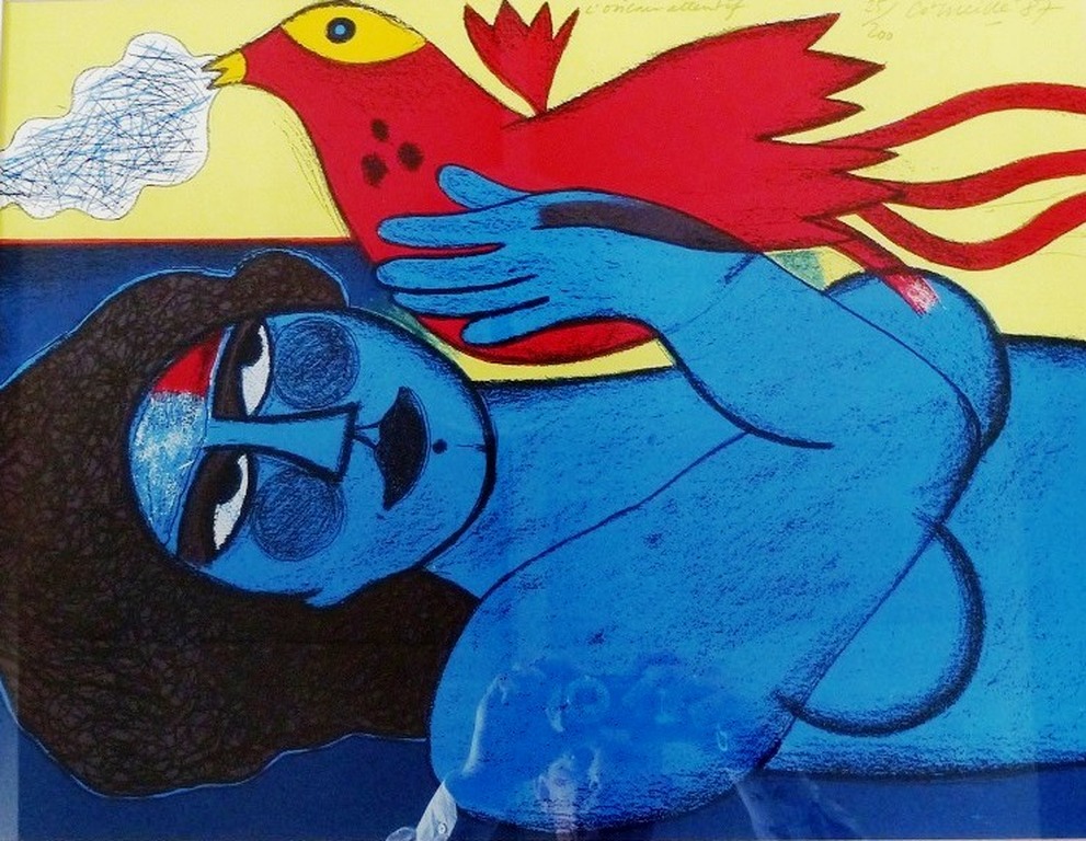 Corneille,ingelijste zeefdruk: L'oiseau attentif, 1987, handgesigneerd en genummerd verkocht voor € 425!