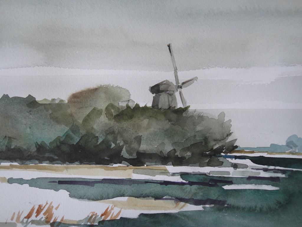 Bob (Petrus Theodorus) Immink, aquarel, polder te Waterland kopen? Bied vanaf 75!