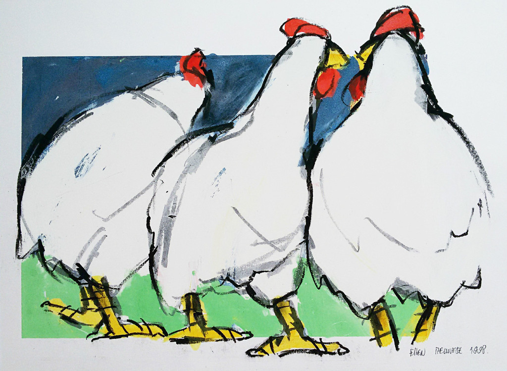 Ellen Meuwese - Kippen, gemengde techniek op papier verkocht voor € 135!