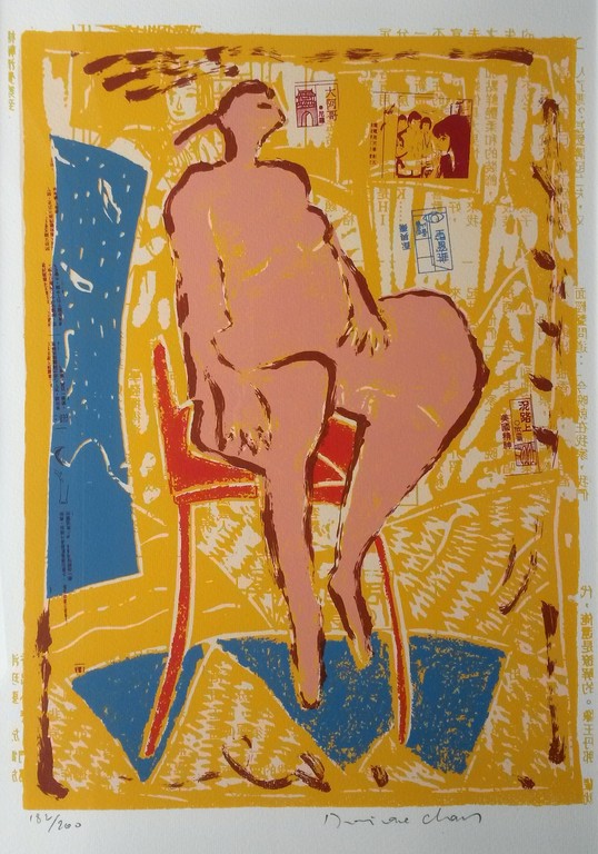 Dominique Chan - Vrouw op rode stoel  - zeefdruk - ingelijst kopen? Bied vanaf 30!