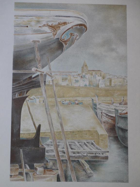 Wim Schuhmacher, Mediterrane haven met scheepsdok, Kleurenlitho verkocht voor € 40!