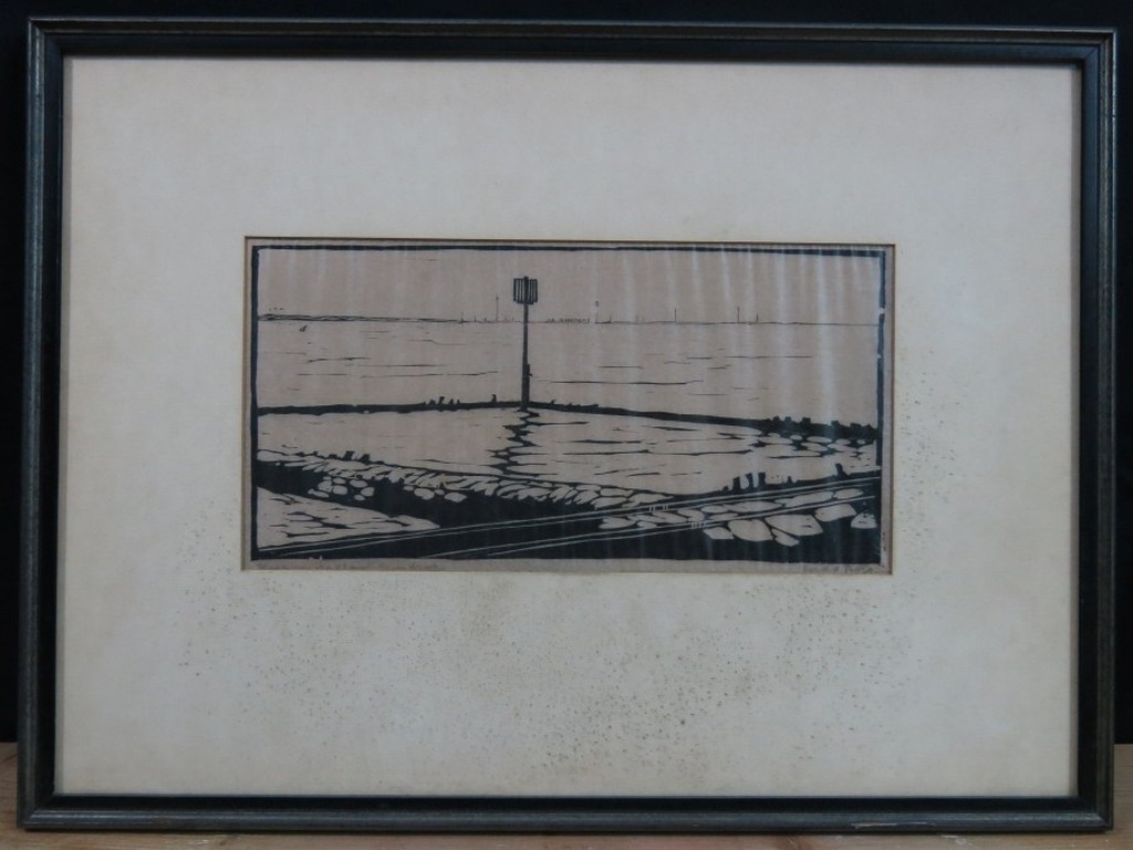 Jos van den Berg: Houtsnede, Hoek van Holland... -Ingelijst kopen? Bied vanaf 1!